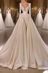 Chic A-Line Cathedral V-Neck Long Wedding Dresses With Long Sleeves
